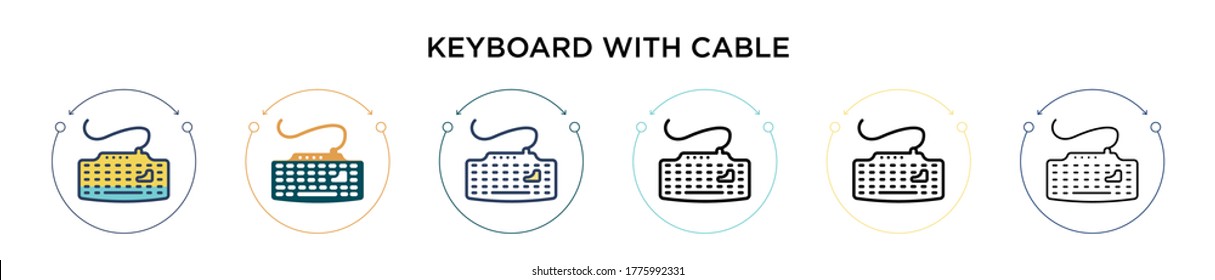 Keyboard with cable icon in filled, thin line, outline and stroke style. Vector illustration of two colored and black keyboard with cable vector icons designs can be used for mobile, ui, web