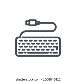 Keyboard with cable line icon. Computer keyboard vector outline sign.