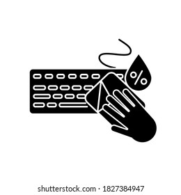 Keyboard Cleaning Black Glyph Icon. Wet Cleaning, Workplace Disinfection Silhouette Symbol On White Space. Surface Cleaning. Computer Keyboard And Antibacterial Wipes Vector Isolated Illustration