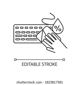 Keyboard Cleaning Pixel Perfect Linear Icon. Thin Line Customizable Illustration. Contour Symbol. Computer Keyboard And Antibacterial Wipes Vector Isolated Outline Drawing. Editable Stroke