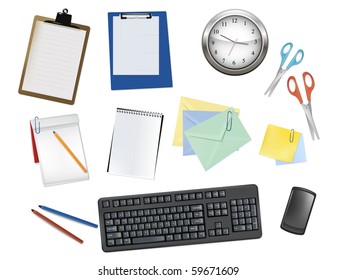 Keyboard, clock and office supplies. Vector.