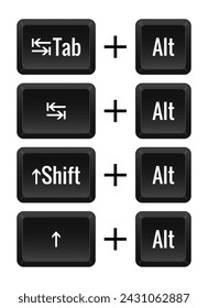 Keyboard combinations of Alt with Tab, Shift. Hotkeys, control, macro, shortcut, command, input, enter, type, layout, computer, laptop key, functional, tabulation, arrows. Vector illustration