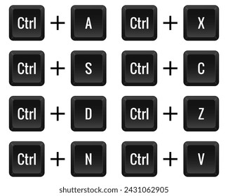 Keyboard combinations. Ctrl with A, S, D, N, X, C, Z, V. Hotkeys, control, macro, shortcut, command, input, enter, type, layout, computer, laptop key. Select all, save, new, cut off, copy, undo, paste