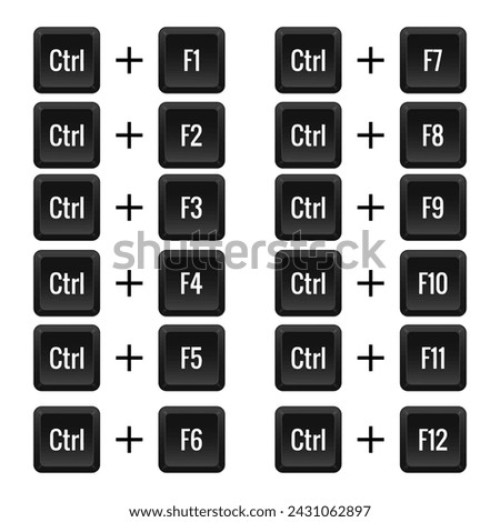 Keyboard combinations of Ctrl with F1, F2, F3 and so on. Hotkeys, control, macro, shortcut, command, input, enter, type, layout, computer, laptop key. Vector illustration