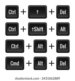 Keyboard combinations. Ctrl, Shift, Del, Alt, Cmd. Hotkeys, control, macro, shortcut, command, input, enter, type, layout, computer, laptop key, functional. Vector illustration