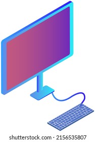 Keyboard and computer desktop with empty display. Creative work, development, freelance concept. Workplace equipment with hardware devices. Monitor and keyboard, modern technology for work or study