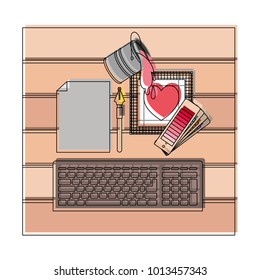 keyboard computer and drawing tools over desk on top view in watercolor silhouette