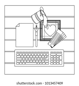 keyboard computer and drawing tools over desk on top view in black contour