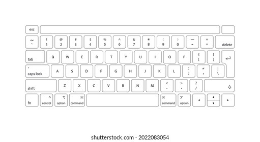 Keyboard of computer, laptop. Modern key buttons for pc. White keyboard isolated on white background. Icons of control, enter, qwerty, alphabet, numbers, shift, escape. Realistic mockup. Vector.