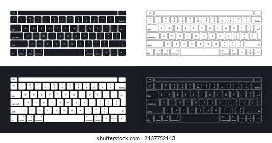 Tastatur-Computer. Keyboard-Notebook. Moderne Tasten für PCs. Schwarz-weißer Umriss einzeln auf weißem schwarzem Hintergrund. Symbole der Kontrolle, Eingabe, Menge, Alphabet, Zahlen, Shift, Escape. Vektorgrafik.