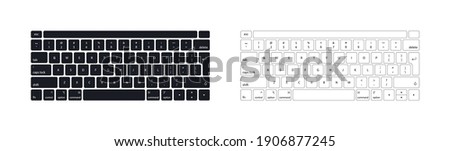 Keyboard of computer, laptop. Modern key buttons for pc. Black, white keyboard isolated on white background. Icons of control, enter, qwerty, alphabet, numbers, shift, escape. Realistic mockup. Vector