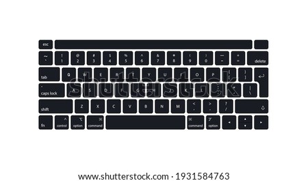 Keyboard of computer, laptop. Modern key buttons for pc. Black keyboard isolated on white background. Icons of control, enter, qwerty, alphabet, numbers, shift, escape. Realistic mockup. Vector.