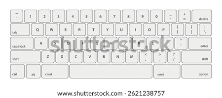 Keyboard of computer, laptop. Modern key buttons for pc. White keyboard isolated on white background. Icons of control, enter, qwerty, alphabet, numbers, shift, escape. Realistic mockup. Vector