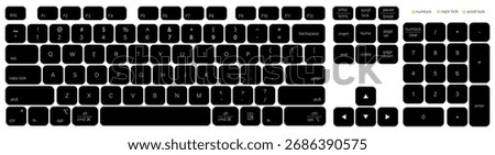 Keyboard of computer, laptop. Modern key buttons for pc. Black, white keyboard isolated on white background. Icons of control, enter, qwerty, alphabet, numbers, shift, escape. Realistic mockup. Vector