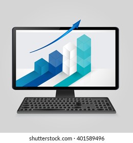 Keyboard and computer monitor with growing bar graph and arrow on screen. analysis business, finance, statistics concept.Vector illustration.