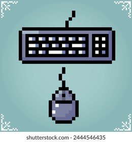 Keyboard and computer mouse in 8 bits pixel art. hardware for asset games and cross stitch pattern in vector illustrations