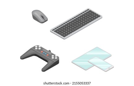 Keyboard, computer mouse, game controller and smartphone. Modern wireless mobile devices isometric vector illustration