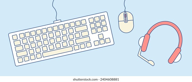 Tastatur, Computermaus, Headset. Illustrations-Arbeitstisch. Von oben anzeigen. Computerzubehör. Spielgeräte und -technologien. Kopfhörer. Technische Unterstützung. Farbe mit Umriss. Vektorgrafik