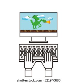 keyboard and computer with videogame on screen over white background. colorful design. vector illustration