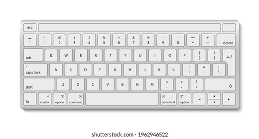 Keyboard of computer. White aluminum key board with button. Keyboard with black alphabet for laptop and pc isolated on white background. Modern realistic wireless device for desktop. Vector.