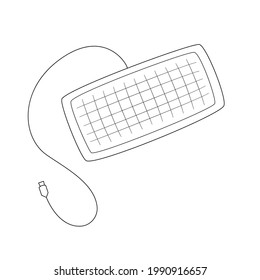 Keyboard with conditional buttons. With wire and USB connection.Contour black and white isolated illustration in doodle style on white.