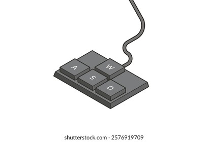 Keyboard control keys A,W,S,D in isometric style. Illustration of keyboard elements.