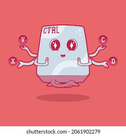 Keyboard ctrl key meditating vector illustration. Technology, inspiration, funny design concept.