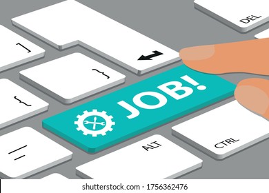 Keyboard With Cyan Color Job Button - Computer Or Laptop With Fingers - Vector Illustration