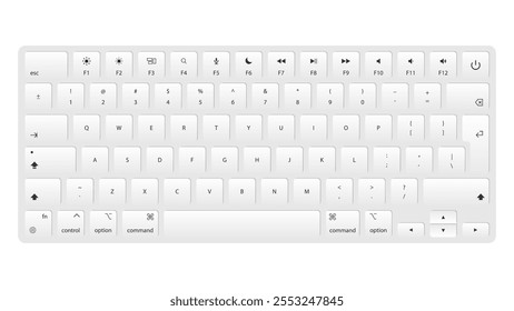 Design do teclado em fundo cinza. Ilustração vetorial dos botões chave do computador e do laptop, ícones do controle, Enter, QWERTY, alfabeto, números, Shift, escape, maquete realista. Vetor.