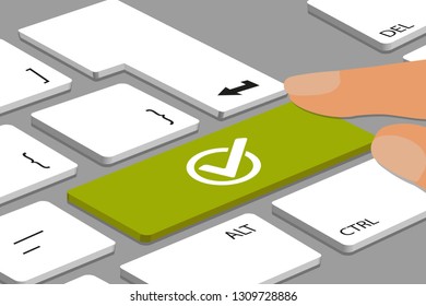 Keyboard With Green Check Mark Button - Computer Or Laptop With Fingers - Vector Illustration
