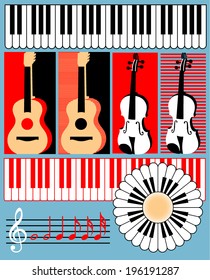 Keyboard, guitar, violin, treble clef, note - vector symbols