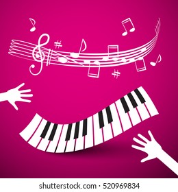 Keyboard, Hands and Staff. Vector Abstract Pink Music Background.