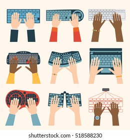 Keyboard hands vector set.