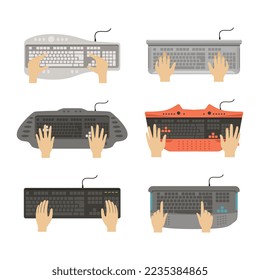 Keyboard with Human Hands Typing and Pressing Computer Buttons Vector Set