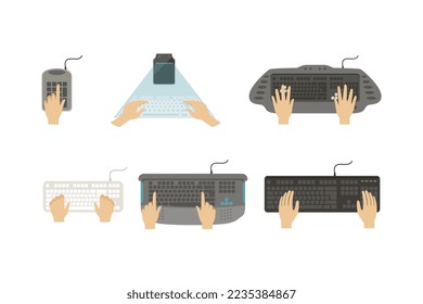 Keyboard with Human Hands Typing and Pressing Computer Buttons Vector Set