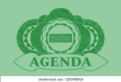 keyboard icon and Agenda text Green stroke realistic badge. Eco chic background. Artistic illustration. 