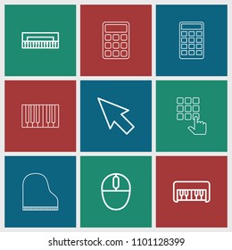 Keyboard icon. collection of 9 keyboard outline icons such as piano toy, pointer, piano, mouse, calculator. editable keyboard icons for web and mobile.