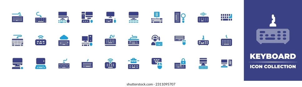 Keyboard icon collection. Duotone color. Vector illustration. Containing keyboard, computer, pc, typing, keylogger, wireless keyboard, cloud, personal computer, gamer, mouse, laptop. 
