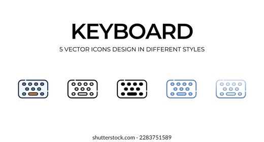 Diseño de iconos de teclado en estilo Cinco con pulsación editable. Línea, Sólido, Línea plana, Color de tono Duo y Línea de degradado de color. Adecuado para diseño de páginas Web, aplicaciones móviles, UI, UX y GUI.