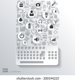 Keyboard icon. Flat abstract background with web icons. Interface symbols. Cloud computing. Mobile devices.Business concept.