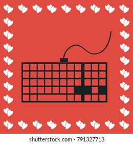 Keyboard icon flat. Simple black pictogram on red background with white hearts for valentines day. Vector illustration symbol