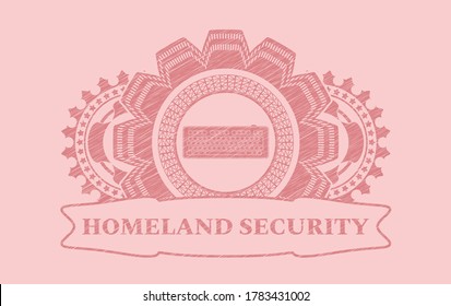 Keyboard Icon And Homeland Security Text Pink Stroke Realistic Emblem. Rose Color Delicate Background. Vector Illustration. 