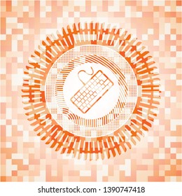 keyboard icon inside abstract emblem, orange mosaic background