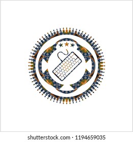 keyboard icon inside arabic badge. Arabesque decoration.
