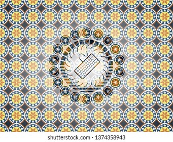 keyboard icon inside arabic badge. Arabesque decoration.