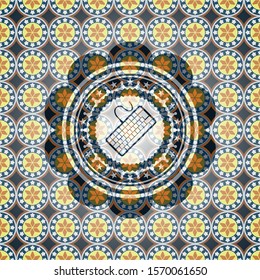 keyboard icon inside arabic badge. Arabesque decoration.