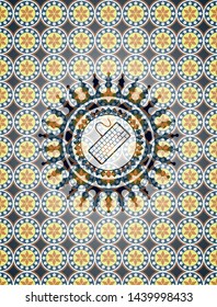 keyboard icon inside arabic style badge. Arabesque decoration.