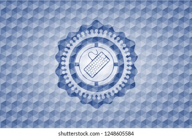 keyboard icon inside blue badge with geometric background.