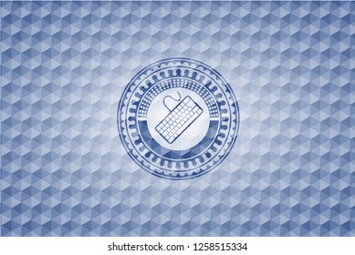 keyboard icon inside blue badge with geometric background.