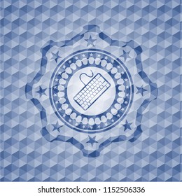 keyboard icon inside blue emblem with geometric pattern background.